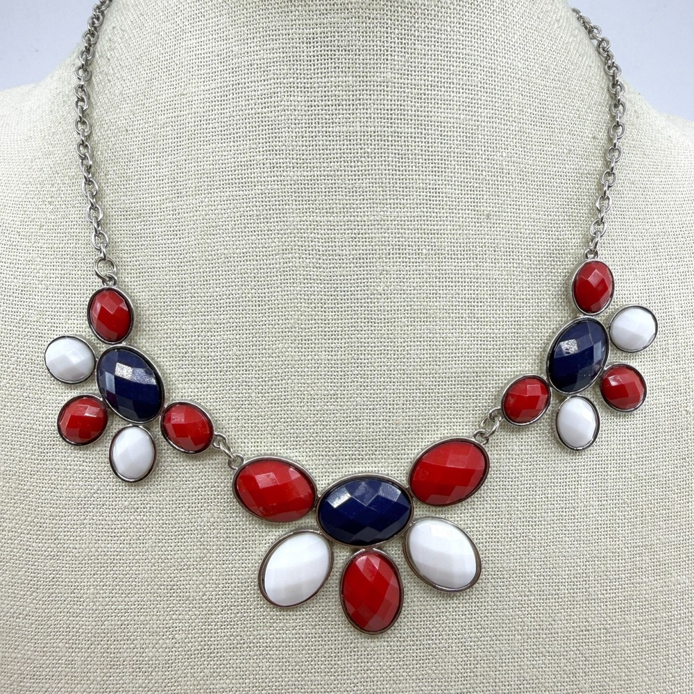 Charming Charlie Red White Blue Faceted Stone Bib Necklace Silver Tone Patriotic